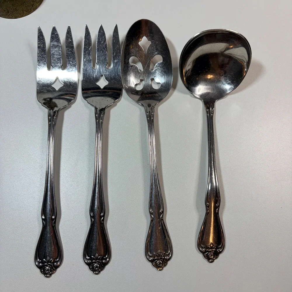 Oneida 1881 Rogers Baroque Rose Stainless Serving Set 4pc Fork Spoon Ladle Vtg
